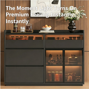 Buffet moderne <span class=keywords><strong>noir</strong></span> avec porte <span class=keywords><strong>en</strong></span> <span class=keywords><strong>verre</strong></span> <span class=keywords><strong>trempé</strong></span>, meuble de bar à café avec tiroirs, meuble de rangement pour salle à manger - Product Image 2