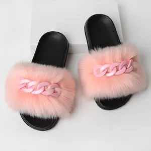 Hot Koop Goedkope Bont Slippers Designer Slides Faux Fur Platform Sandaal Met Ketting