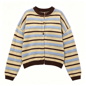 Cardigan da <span class=keywords><strong>Donna</strong></span> a Righe Beige Blu <span class=keywords><strong>Marrone</strong></span> in <span class=keywords><strong>Maglia</strong></span> Intrecciata, Collo Tondo, Bottoni, Maniche Lunghe, Stile Vintage Casual per Autunno Inverno - Product Image 5