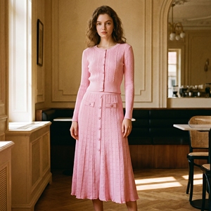 Completo Elegante da <span class=keywords><strong>Donna</strong></span> di Alta Qualità per Primavera e Autunno, Due Pezzi con Cardigan in Maglia Monopetto e Abito Lungo per Feste - Product Image 1
