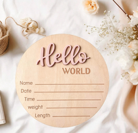 Panneau de naissance rond en bois 3D rose « Hello World » avec support, plaque gravée avec le nom du bébé pour cadeau de naissance et décoration de chambre d'enfant