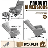 Fauteuil pivotant moderne avec repose-pieds, revêtement en tissu, base en métal, dossier rembourré en mousse, meubles de salon.