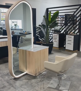 Conception moderne de poste de travail pour salon de coiffure |   Ensemble de miroir de table de barbier personnalisé, matériaux écologiques, éclairage LED |   Fournisseur d'usine pour salons - Product Image 4