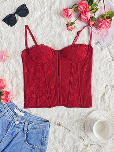 En stock – Nouveauté 2026 – Top court élégant en dentelle blanche pour <span class=keywords><strong>mariée</strong></span>, avec baleines, crochets avant ajustables et dentelle florale - Product Image 5
