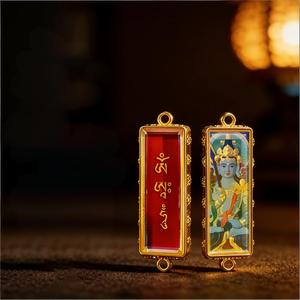 จี้ห้อยคอทังก้าทิเบตวาดด้วยมือสุดหรู ลายเทพเจ้าผู้พิทักษ์ชีวิตทั้งแปด เทพเจ้าห้าองค์ ทาราเขียว มณฑุษรี ทังก้าสองด้าน - Product Image 1