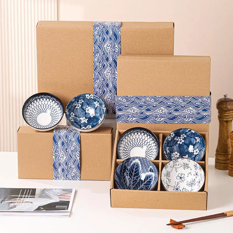 Conjunto de tigelas de porcelana para presente, com fitas de papel azul, tigela de cerâmica estilo japonês, novo conjunto com embalagem de caixas de presente, 2024