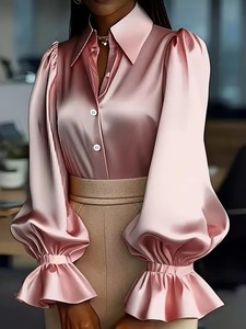 Blus Satin Kerah Notch Lengan Panjang Puff Warna Polos Trendi Baru Ukuran S-2XL untuk Wanita - Product Image 4