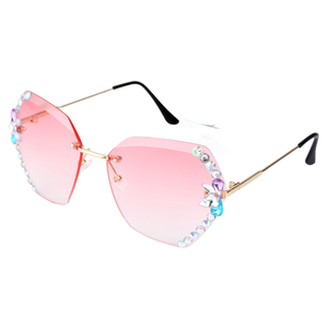 Rimless Cat Eye <b>Sunglasses</b> Women Pink Gradient Lenses With Rhinestones Fashion Accessories UV Protection - Product Image 1