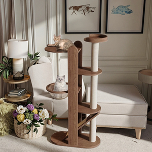Cây nhà mèo hiện đại bằng gỗ chắc chắn, bền bỉ với võng mềm, đồ dùng cho thú cưng trong nhà, cây mèo màu tối - Product Image 1