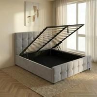 Cadre de lit de rangement moderne en bois de pin rembourré en velours, en forme de coquille, avec vérin à gaz et tête de lit capitonnée pour mobilier de chambre