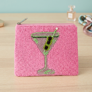 <b>Pink</b> Beaded Coin Pouch Embroidered Martini Glass Zipper Wallet Fashion Canvas Promotional <b>Gift</b> Bag - Product Image 3
