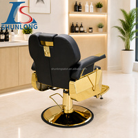Fauteuil de barbier hydraulique noir et or de luxe, cuir PU 360° °   Fauteuil inclinable pivotant avec repose-pieds réglable pour salon de coiffure