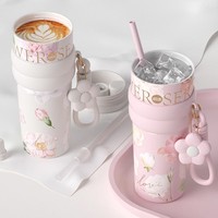 Vaso Térmico de Acero Inoxidable 316 con Diseño Floral, Ecológico, de Gran Capacidad (710 ml), Aislado por 12 Horas, con Pajita, para Mujer
