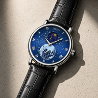 Nouvelle montre mécanique automatique pour homme, style affaires, en métal, étanche 30M, avec cadran bleu planétaire lumineux, ciel étoilé et aiguille des phases lunaires