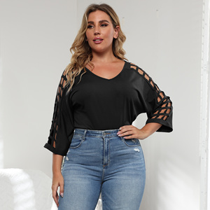 Camisetas Holgadas de Talla Grande para <span class=keywords><strong>Mujer</strong></span>, Cuello en V, Color Sólido Informal, Manga Murciélago, Caladas, para Otoño - Product Image 3