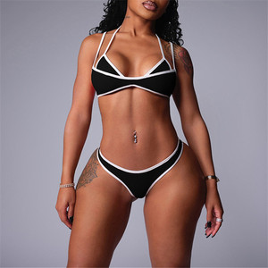Ensemble sexy en patchwork 2 pièces pour femmes, <span class=keywords><strong>maillot</strong></span> <span class=keywords><strong>de</strong></span> <span class=keywords><strong>bain</strong></span> <span class=keywords><strong>de</strong></span> plage, bordure blanche, haut <span class=keywords><strong>de</strong></span> soutien-gorge halter + <span class=keywords><strong>culotte</strong></span>, tenue <span class=keywords><strong>de</strong></span> club basique et moulante, tenue <span class=keywords><strong>de</strong></span> vacances - Product Image 3