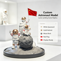 Maquette d'atterrissage lunaire d'astronaute avec combinaison spatiale blanche, casque doré, roche lunaire, drapeau rouge et base de scène