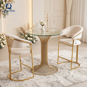 Tavolo da Bar Moderno di Lusso su Misura con Piano <span class=keywords><strong>in</strong></span> Vetro e Base <span class=keywords><strong>in</strong></span> Acciaio Inox Dorato, Tavolo Alto Commerciale per Hotel, Caffè, Matrimoni - Product Image 2