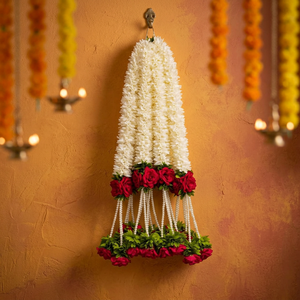Guirnalda colgante de flores de jazmín Mogra artificial blanca premium con rosas rojas y cuentas de perlas Jhumar para la puerta del hogar - Product Image 1