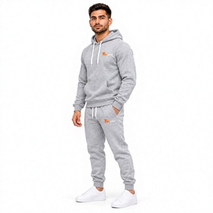 Ensemble de survêtement gris 100 % coton pour homme, respirant, avec pantalon de jogging et sweat à capuche en molleton, design personnalisé - Product Image 1