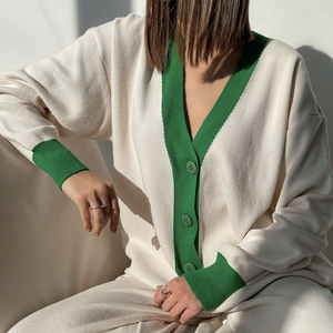 2023 Hot Selling Loose Thickened Panel Sweater <strong>Women's</strong> Rose <strong>Red</strong> Lazy Style Contrast Knitted <strong>Cardigan</strong> - Product Image 4