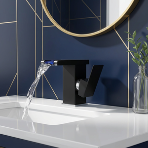 صنبور حوض حمام LED شلال حديث من الستانلس ستيل أسود خلاط ماء بارد وساخن بتصميم مربع عصري - Product Image 3