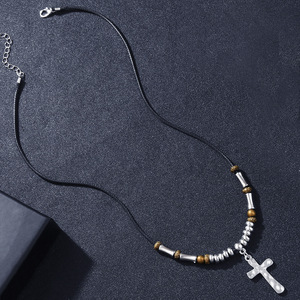 Hammered Cross Leather Cord Necklace Tibetan <b>Silver</b> <b>Beaded</b> Clavicle Chain Women's Jewelry Gift 56.5cm 8.7g - Product Image 3