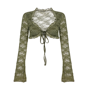 Y2K Sheer Lace Blouse Ruffle Neck Tie Front <b>Flutter</b> Bell <b>Sleeve</b> See-Through Cover-Up Loose Short Sexy Vacation Resort Wear <b>Top</b> - Product Image 6