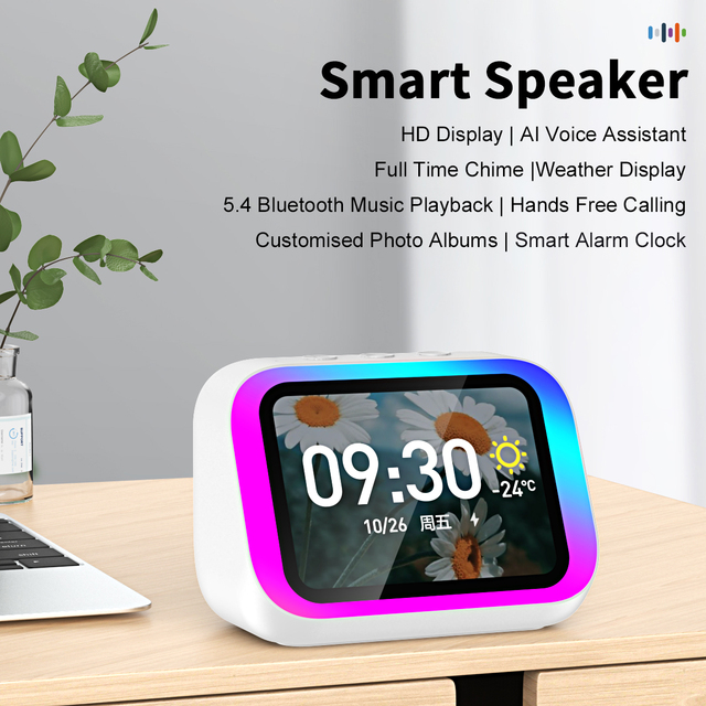 4'' Touch Screen Smart AI Speaker with Voice Control, LED Display & High-Quality Sound, Alarm Clock Function Speaker