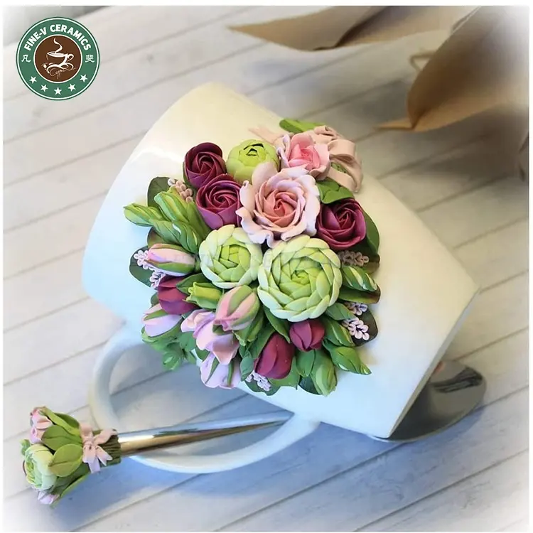 12oz copo de porcelana personalizado, caneca de argila com flores criativas engraçadas para casamento, copo de porcelana 3d de cerâmica