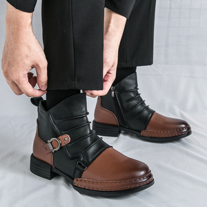 Bottines en cuir à blocs de couleur pour hommes, avec boucle métallique, fermeture éclair latérale, talon bas plissé, style <span class=keywords><strong>Martin</strong></span>, pour les trajets quotidiens et une utilisation décontractée toute l'année - Product Image 5