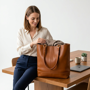 Pochette minimaliste en cuir véritable unisexe grande capacité à ouverture supérieure avec bandoulière décontractée marron pour usage quotidien, sac à main zippé imperméable - Product Image 1