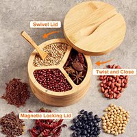 Récipient de stockage d'épices de cuisine en bois rotatif à 3 grilles fermeture magnétique boîtes à épices divisées en bambou bols à sel/poivre couvercle pivotant