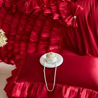 Parure de lit de luxe de style américain, rouge vif, pour cérémonie de mariage, en dentelle et jacquard de pur coton