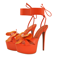 Sepatu Hak Tinggi Kulit PU Warna-warni Pink, Model Open Toe, Sandal Bertali Musim Panas, Sandal Platform Bunga, Ukuran Besar 46