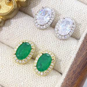 Classic Oval <b>Stud</b> <b>Earrings</b> Gold Plated <b>Crystal</b> Zircon Women's Party Jewelry Brass Bezel Setting - Product Image 1