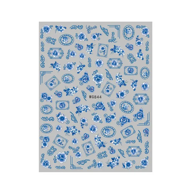 Adesivo de porcelana para unhas 3d, arte em unhas, azul e branco, decoração verde, flor, porcelana, decalques de unhas WG844-851
