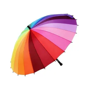 顶级质量24k罗纹彩色彩虹时尚长柄直筒防紫外线防晒/防雨棍伞手动大阳伞