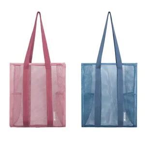 New type 100% reusable RPET material colored fabric long handles beach mesh tote bags in custom sizes