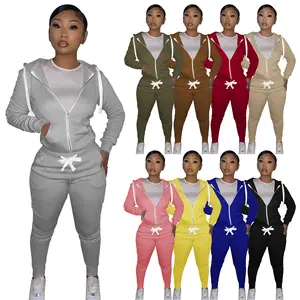 Kustom musim gugur 2 potong wanita Set pakaian olahraga baju lari ritsleting Hoodie lengan panjang dua potong Set CELANA JOGGER Set