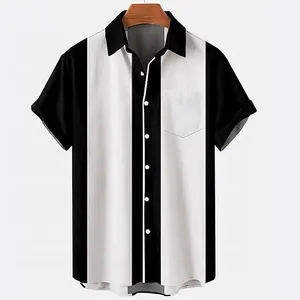 Erkek gömleği düğme yukarı gömlek renk blok gerdirme siyah beyaz siyah gri mavi açık sokak kısa kollu gömlek