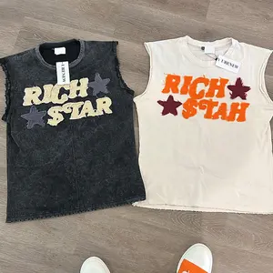 Custom Print Logo Applique Rips Cut And Sew Acid Wash Sleeveless Fitness Gym Muscle Blank Drop Armhole Vest T Shirt For Men