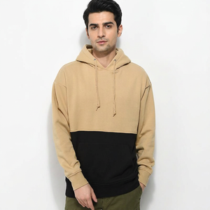 Color Block Mens Khaki <b>Tan</b> Black Contrast Panel Sweatshirt with hood Regular Fitted Size Longline Pullover Men Hoodies - Product Image 1