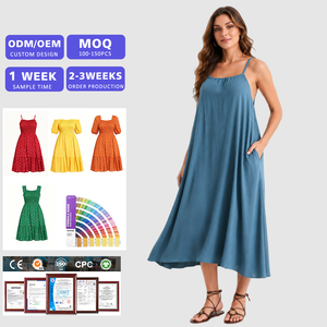 Vestido Maxi de Talla Grande con Tirantes Finos, Cuello Cuadrado, Diseño con Bolsillos, Holgado, Transpirable y Ligero, Color Sólido, Venta al por Mayor - Product Image 1