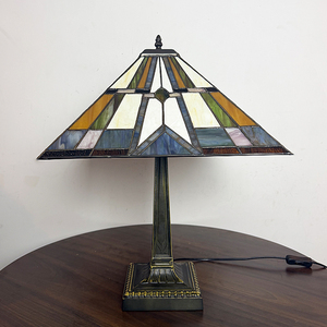 Mission Style Square Stained Glass <b>Table</b> <b>Lamp</b>, Geometric Handmade Desk <b>Lamp</b> with Zinc Alloy <b>Base</b> for Study & Office Decoration - Product Image 4