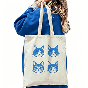 Bolsa de Mano de Lona con Diseño de Gato de Dibujos Animados, Bolso de Hombro de Algodón Resistente, Gran Capacidad para Compras y Uso Diario - Product Image 1