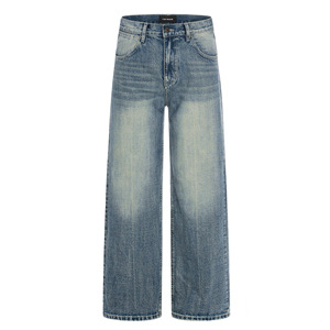 <span class=keywords><strong>Jeans</strong></span> de mezclilla vintage americanos azul cian de cintura media, lavado medio, de pierna recta, para <span class=keywords><strong>hombre</strong></span> y mujer, con patrón de slub, holgados y anchos, para verano e invierno. - Product Image 2