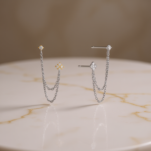 Pendientes de Estrella en Oro Blanco con Cadena de Diamantes, Plata 925 con Baño de Rodio, Diseño Minimalista para Mujer, Uso Diario - Product Image 2