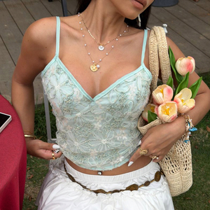 Summer Fresh Mint Green 3D Floral Print Design V Neck Cami <b>Top</b> Hot Girl Youthful Versatile Mesh Sleeveless Vest - Product Image 3