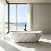 Baignoire autoportante en résine de pierre gris-blanc veinée marbre, ovale, avec robinet au sol, pour villa et hôtel